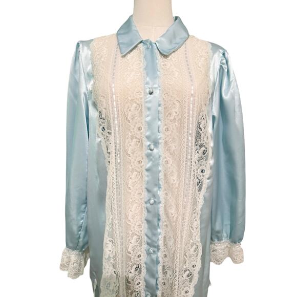 Bert Yelin for Iris Blue Satin Night Gown Dress Lace Sexy Feminine Bridal Large - Picture 5 of 10